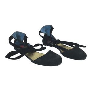 London Sole Black Suede Ballet Flats Lace Up Ankle Wrap Shoes Size 40.5